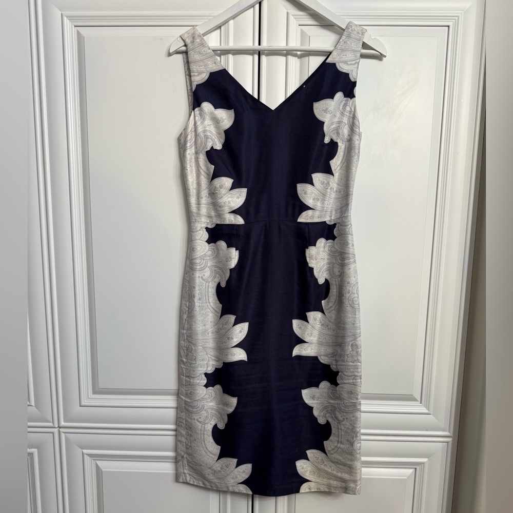 Banana Republic Sz 0 Linen Blend Sleeveless Sheath Midi V-Neck Dress Navy White